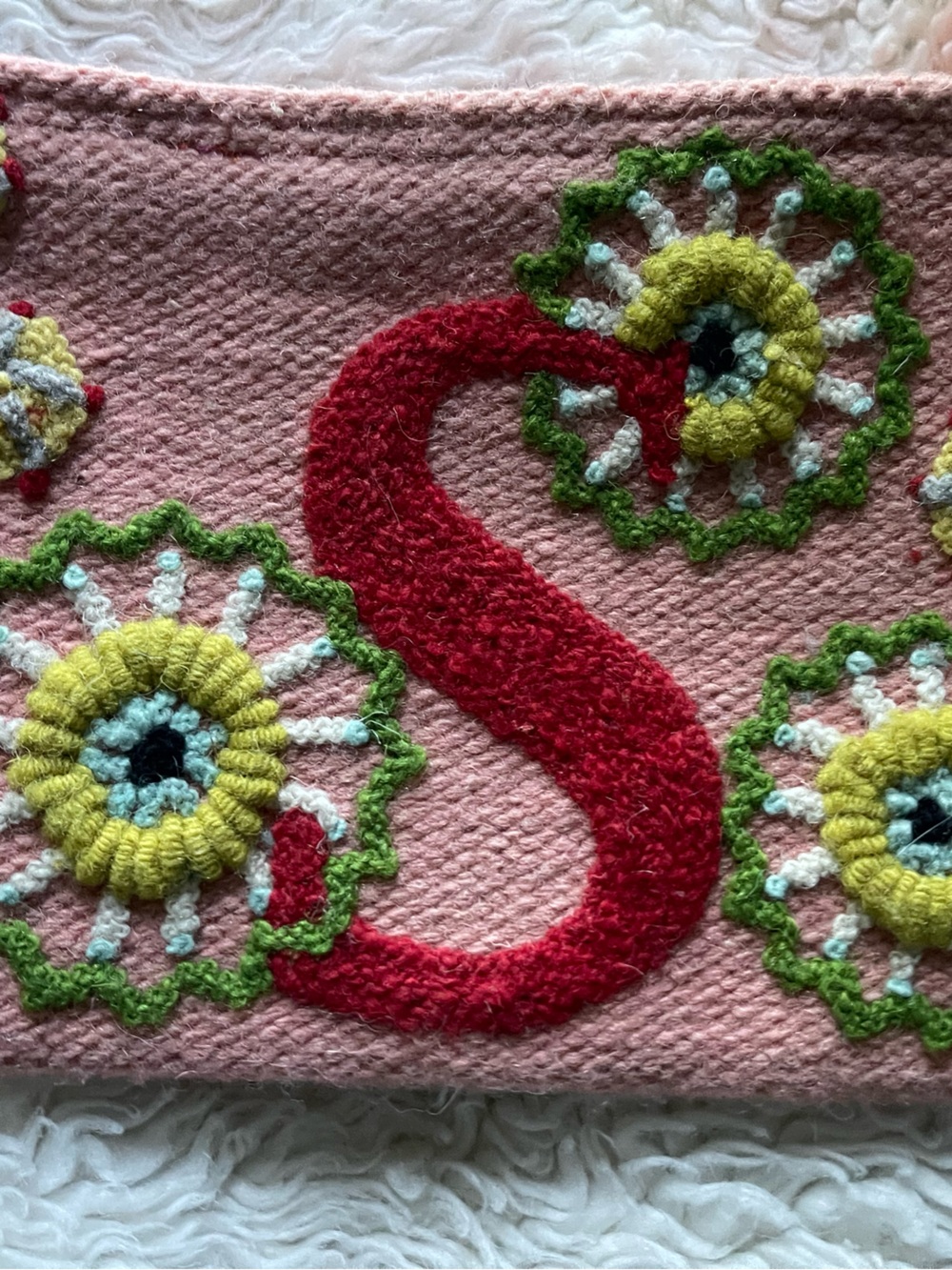 Jenny Krauss Pink  Wool Embroidered “S” Makeup Bag
